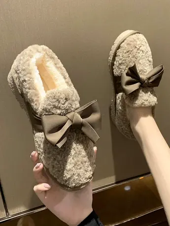 毛毛鞋女冬外穿加绒厚底2023新款一脚蹬平底保暖羊羔毛仙女豆豆鞋商品大图