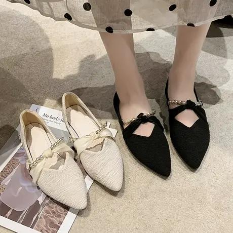 尖头单鞋女黑色浅口平底鞋2023年新款秋夏鞋子气质软底小香风瓢鞋商品大图