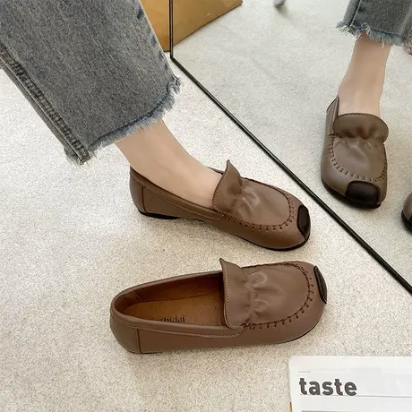 单鞋女圆头一脚蹬2023年春季新款百搭软底防滑复古风懒人豆豆鞋潮商品大图