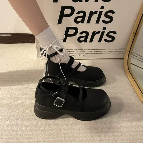 时尚玛丽珍鞋女2023秋季新款小众圆头浅口小皮鞋一字扣带法式单鞋商品大图