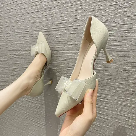 水钻蝴蝶结尖头高跟鞋女2023年春季新款时尚仙女气质细跟宴会单鞋图片