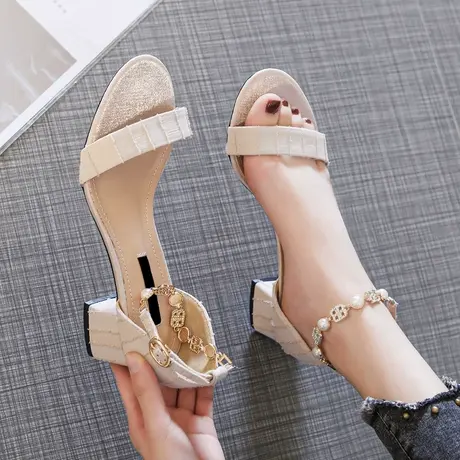 一字扣带仙女风低跟凉鞋女2020新款夏季时尚粗跟露趾网红高跟鞋女商品大图