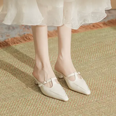 气质玛丽珍鞋女2023年夏季新款不累脚细跟高跟凉鞋软皮尖头穆勒鞋商品大图