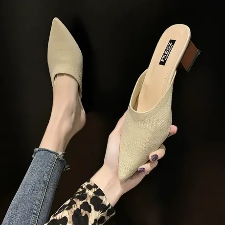 拖鞋女外穿2023春新款针织尖头中跟拖鞋懒人网红凉拖鞋包头半拖鞋商品大图