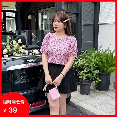 【清仓】新款套头显瘦大码妹妹胖mm上衣女短袖碎花小衫宽松遮肚子商品大图