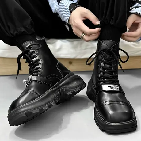 马丁靴男款防水机车靴新款男士高帮鞋工装靴子春秋英伦风黑色皮靴商品大图