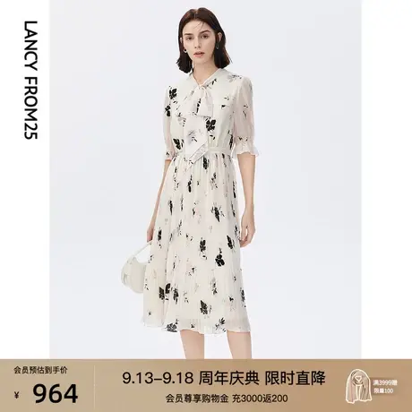 朗姿法式气质收腰浪漫飘带领甜美泡泡袖连衣裙女2022年夏季新款图片