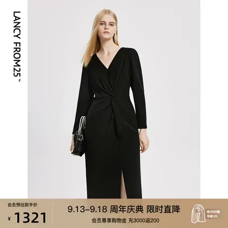朗姿设计感长袖黑色v领裙子2023年秋季新款高级感气质连衣裙那边商品大图