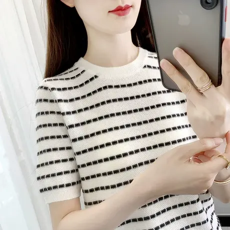 短袖女装上衣春秋2022新款黑白条纹针织衫圆领内搭薄款洋气打底衫商品大图