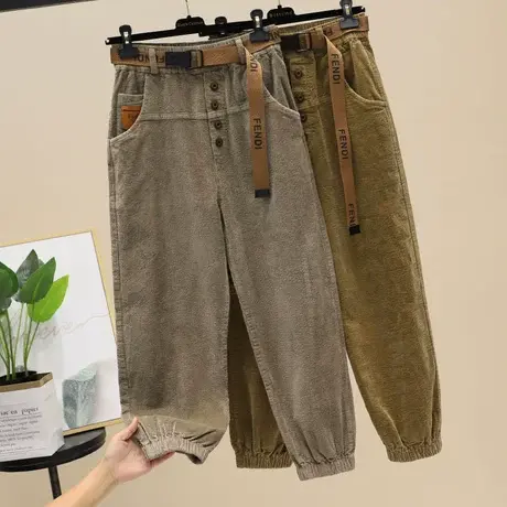 灯芯绒裤女2023秋新款高腰宽松萝卜大码条绒灯笼裤休闲哈伦阔腿裤商品大图