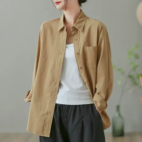 dza 复古休闲长袖衬衫外套女士春秋宽松显瘦上衣外穿翻领衬衣开衫图片