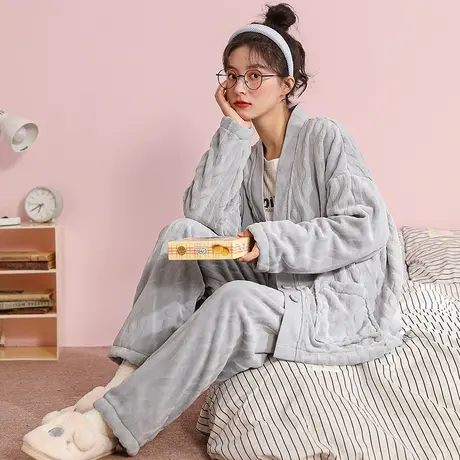 猫人睡衣女冬季2023新款法兰绒加绒加厚大码开衫家居服套装可外穿商品大图