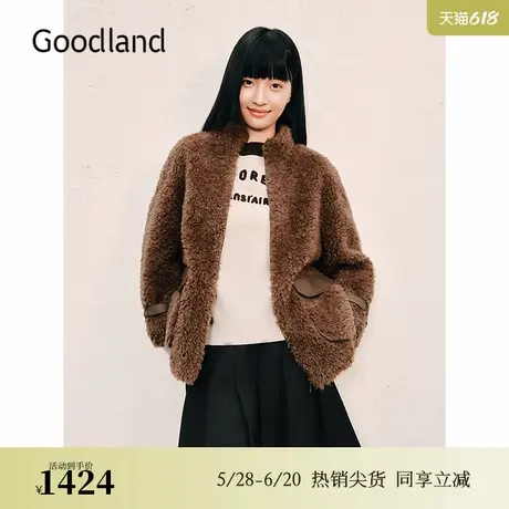 Goodland美地女装冬季复古立领保暖环保羊毛皮草大衣外套图片