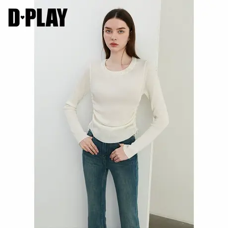 DPLAY秋季通勤白色圆领羊毛针织衫收腰抽褶长袖打底衫上衣女商品大图