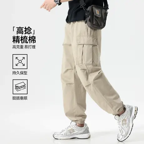 hansca大口袋工装裤男夏季纯棉休闲裤2025新款伞兵压褶束脚长裤子商品大图