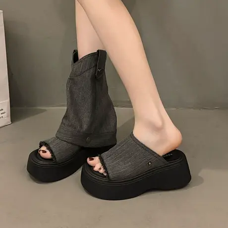 厚底牛仔裤管靴女2025夏季新款复古百搭小众露趾凉鞋显瘦两穿短靴商品大图