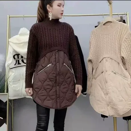 秋冬季时尚修身韩版女高领针织拼接棉衣连衣裙套头长袖设计感上衣商品大图