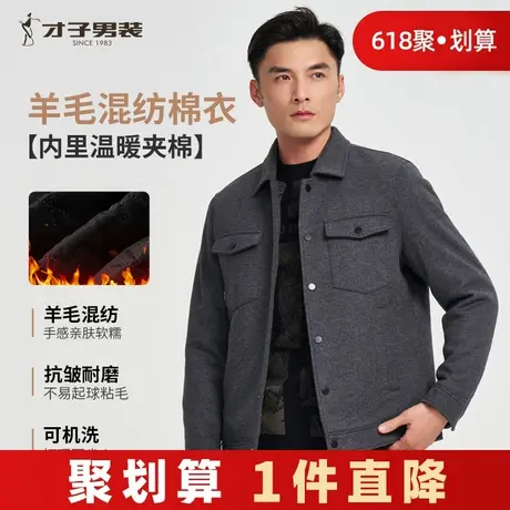 才子男装翻领棉服男士2024冬季羊毛呢子棉衣商务休闲工装灰色外套图片