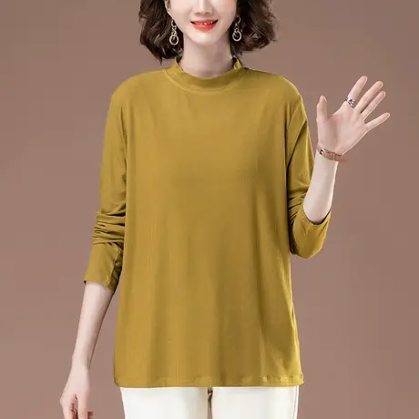 春秋季长袖T恤女宽松加肥加大码女装中老年妈妈显瘦半高领打底衫商品大图