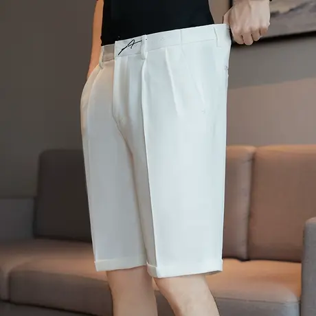 西装短裤男士裤子夏季薄款冰丝刺绣松紧腰弹力休闲通勤五分西裤潮图片