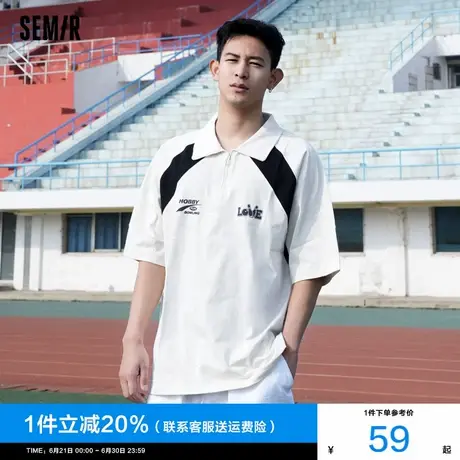 森马POLO衫男2024夏季新款印花撞色拼接插肩袖上衣半拉链运动T恤图片