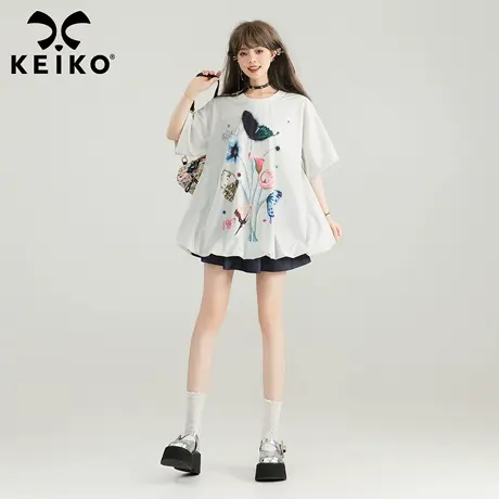 KEIKO [凉感] 柔美少女感花苞形t恤女夏季小众不撞款蝴蝶印花上衣商品大图