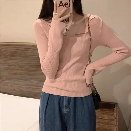 紧身POLO领粉色针织衫女秋装2023秋季新款长袖打底衫毛衣内搭上衣商品大图