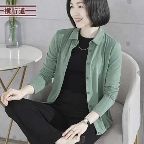 简约翻领纯色宽松长袖休闲大码妈妈保暖开衫T恤2023新款冬装女衣图片