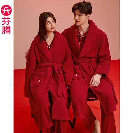 芬腾珊瑚绒情侣睡袍秋冬加厚保暖睡衣女红色本命年法兰绒男士浴袍商品大图