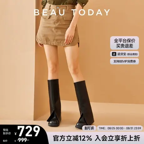 BeauToday黑色长筒靴女夏季新款复古英伦风小皮靴女BT真皮烟筒靴图片