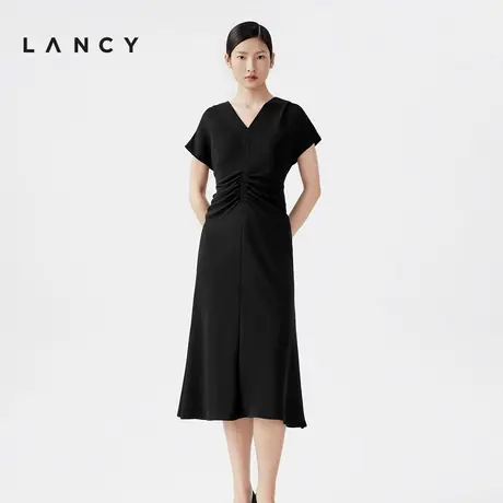 LANCY朗姿2024夏季法式三醋酸v领捏褶连衣裙优雅收腰高级黑裙子女图片