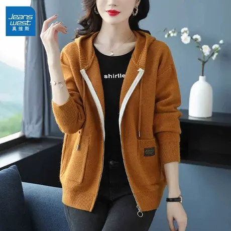 GL真维斯毛衣开衫外套女士2024新款秋冬韩版连帽休闲百搭针织上衣商品大图