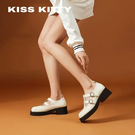 KISSKITTY玛丽珍鞋女鞋复古白色粗跟小皮鞋单鞋增高通勤乐福鞋商品大图