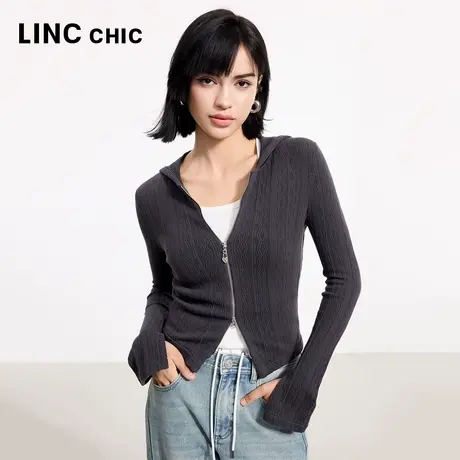 LINC金羽杰2025年秋季新款针织衫女修身连帽针织开衫外套女CR198Y商品大图
