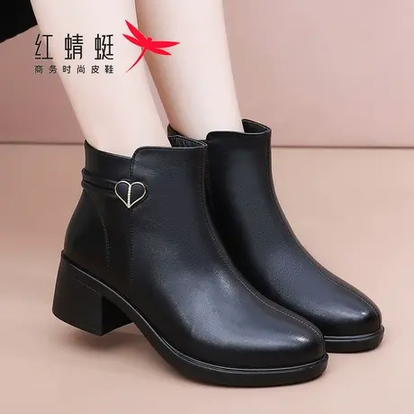 红蜻蜓女短靴2025冬季新款真皮加绒保暖防滑粗跟中老年人妈妈棉鞋图片