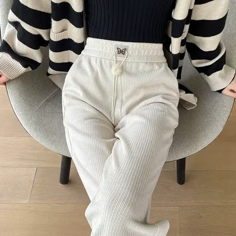 杏色羊绒阔腿微喇裤女秋冬季高腰直筒宽松灯芯绒加厚休闲喇叭裤子商品大图