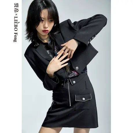 H裂帛LIEBOFeng原创设计一粒扣短款OL通勤简约黑色西装女图片