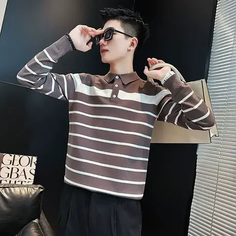 秋冬撞色条纹毛衣男ins轻熟风POLO衫线衣潮男潮牌休闲内搭针织衫商品大图