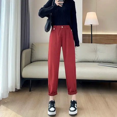 红色毛呢裤女冬季新款高腰显瘦宽松直筒加厚九分小个子休闲哈伦裤图片