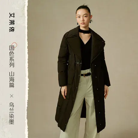 艾莱依国风羽绒服女2023新款气质收腰长款鹅绒高级感翻领冬季外套商品大图