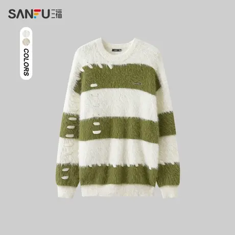 三福2023冬男士绒感条纹大廓形毛衣 潮流宽松圆领上衣男478148图片