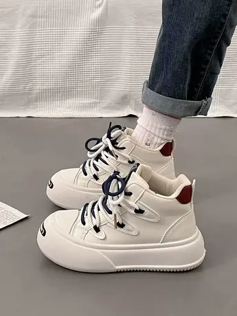 开口笑高帮鞋女2023秋季新款大头面包小白鞋春秋厚底百搭休闲板鞋商品大图