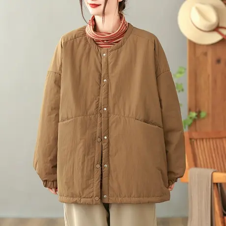 dza 复古圆领轻薄口袋棉衣外套女秋冬外穿纯色棉服上衣宽松棉袄女图片