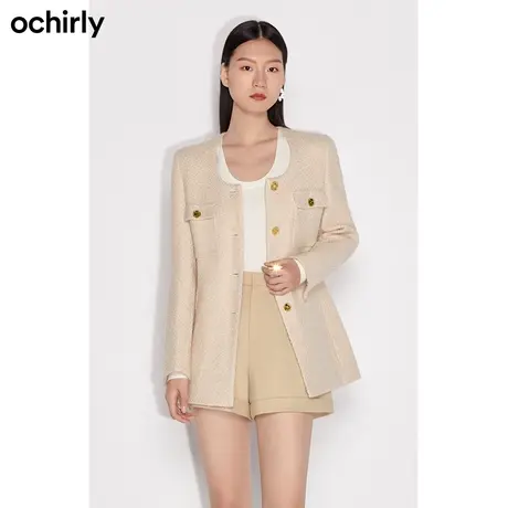 【七七酱专享】欧时力 羊毛花式呢小香风外套女 新款秋装收腰中长商品大图