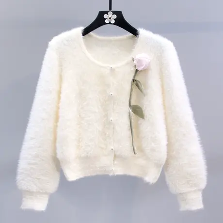 日系甜美立体花朵水貂绒毛衣外套女秋冬2023新款洋气减龄针织开衫商品大图