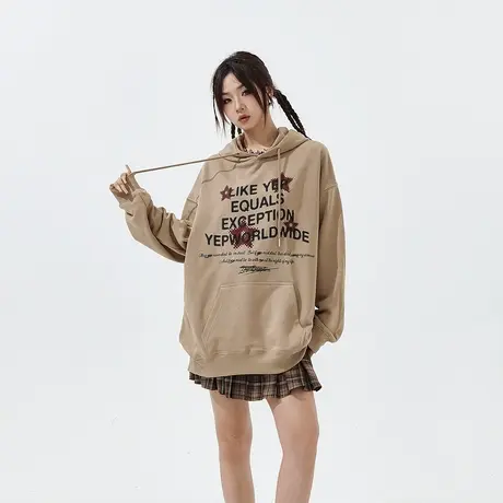 YEP美式复古连帽加绒卫衣女秋冬2023年新款内搭宽松oversize上衣商品大图