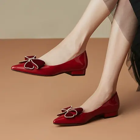 真皮低跟鞋浅口本命年红色单鞋女蝴蝶结春秋新款牛皮尖头气质女鞋商品大图