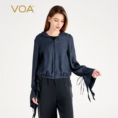 VOA桑蚕丝暗纹提花藏蓝色连帽长袖拉链口袋宽松直筒休闲真丝外套商品大图