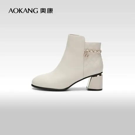 【门店发货】奥康女鞋 秋冬新款英伦时装靴羊皮舒适短靴粗跟百搭商品大图