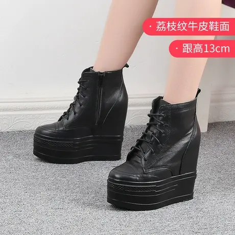 真皮侧拉链短靴女春秋单靴2023新款厚底内增高瘦瘦靴子高跟马丁靴商品大图